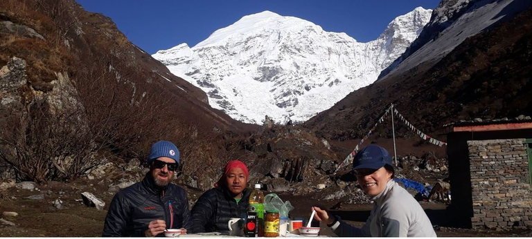 Trekkers at Jangothang base camp below Mount Jomolhari
