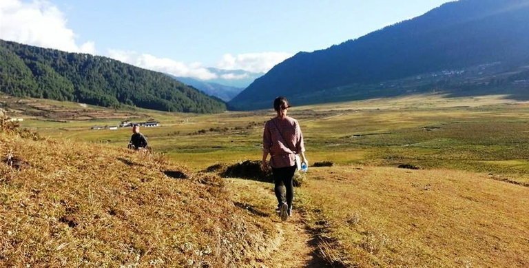 Walkers on the Gangtey Nature Trail above Phobjikha valley